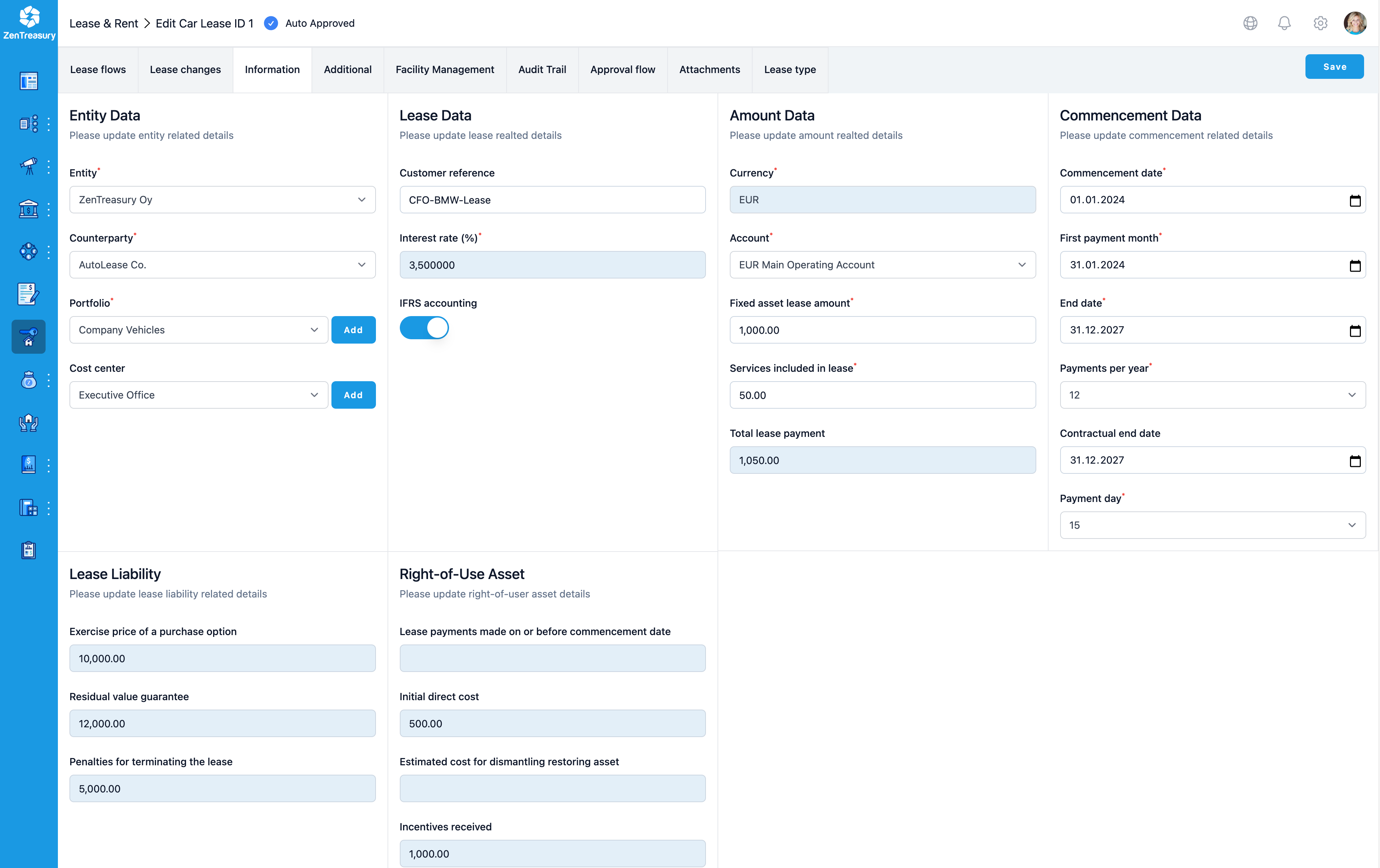 screenshot of ZenTreasury Lease accounting